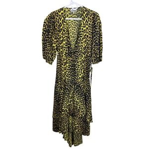 GANNI Leopard Print Wrap Dress 100% Cotton Women Size EU 38 US 6